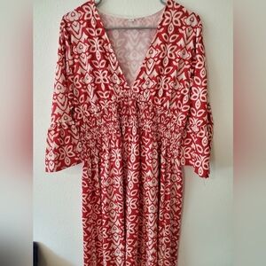 NWOT. Red Maxi Dress. Ruffled Sleeves. Cinched Waist. Patterns. XL. Red Dress.